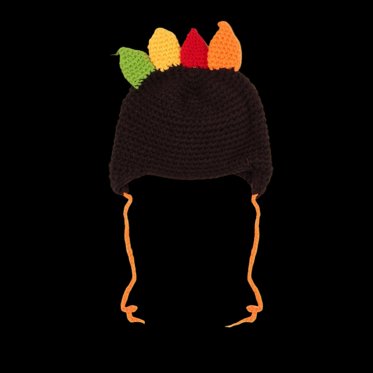 Crocheted black turkey hat with colorful feathers on a white background