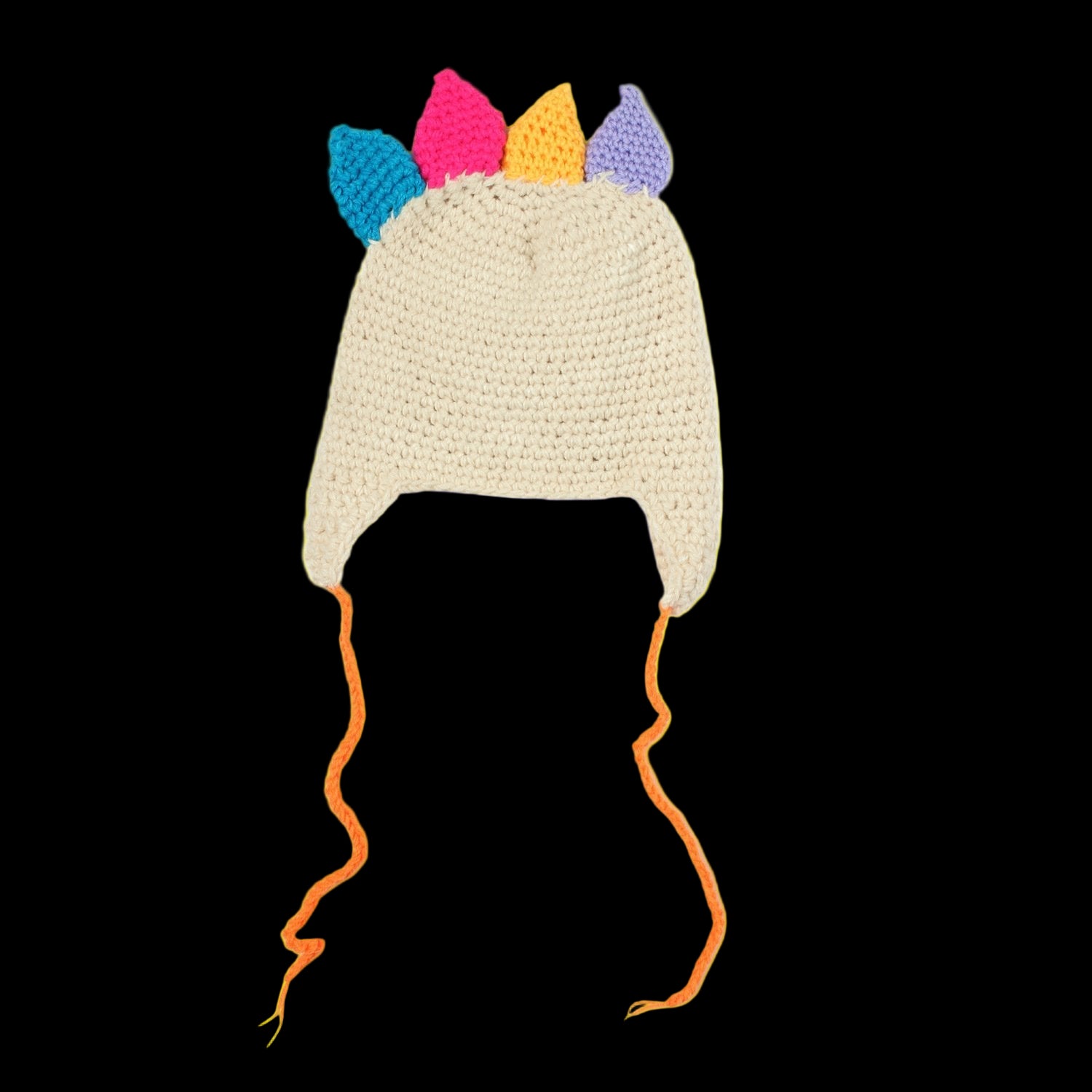 Crocheted dinosaur hat with colorful spikes on a white background