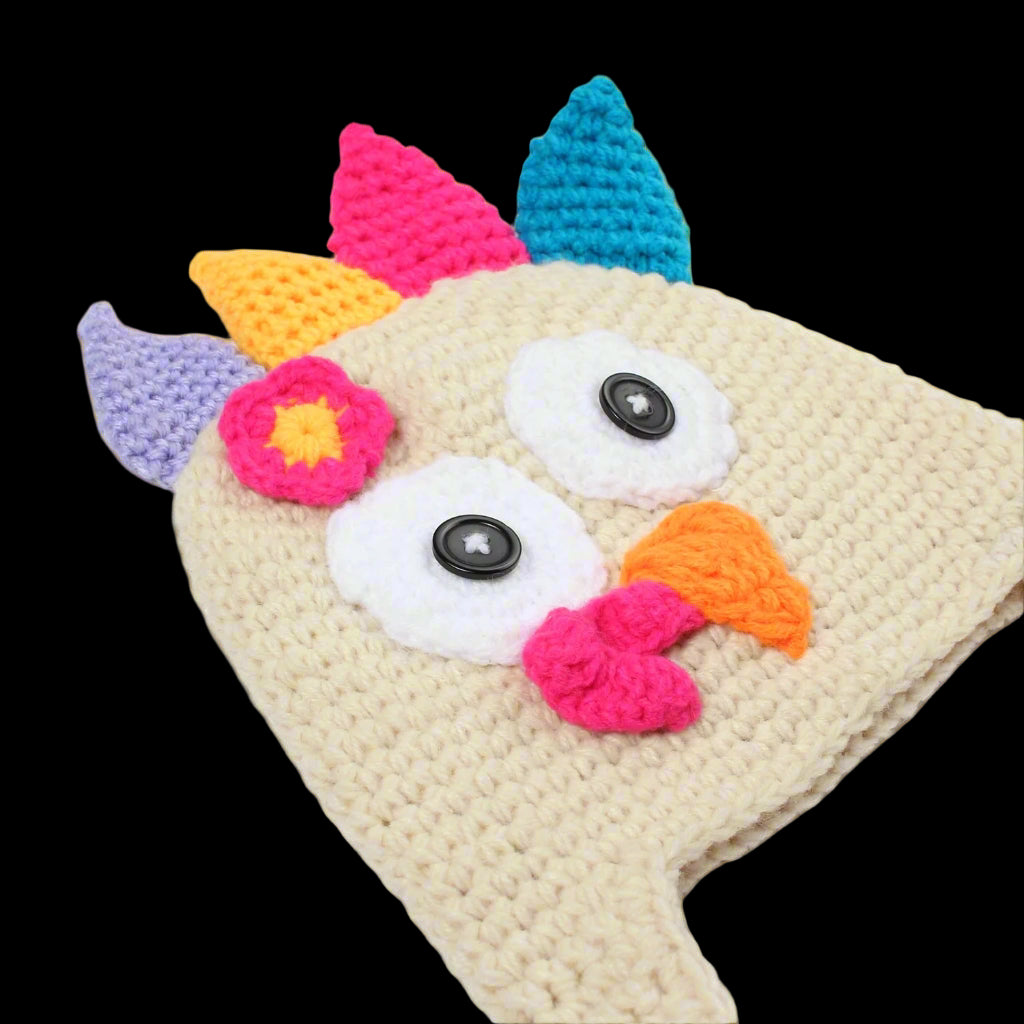 Beige crochet hat with colorful accents on a white background