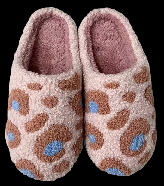 Pair of plush slippers with leopard print pattern on a white background