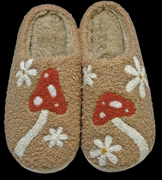 Pair of slippers with mushroom and flower designs on a beige background