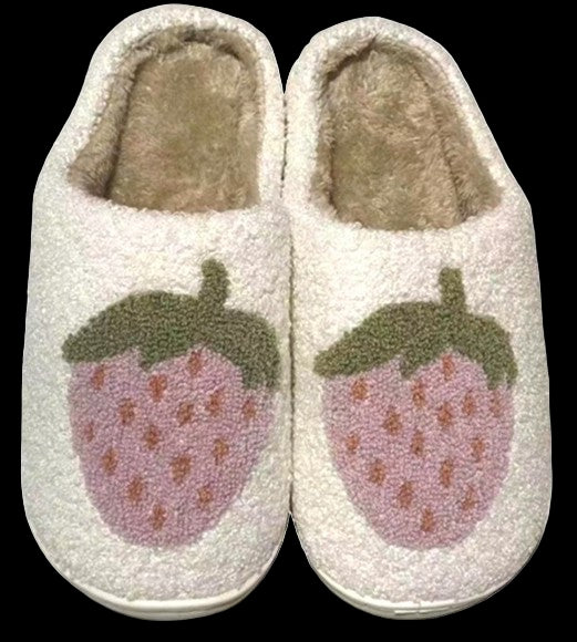 Pair of white slippers with strawberry design on a white background