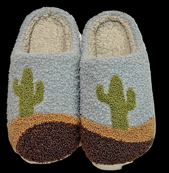 Pair of slippers with cactus design on a white background