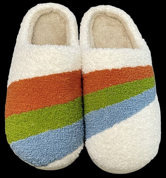Pair of slippers with colorful striped pattern on a white background