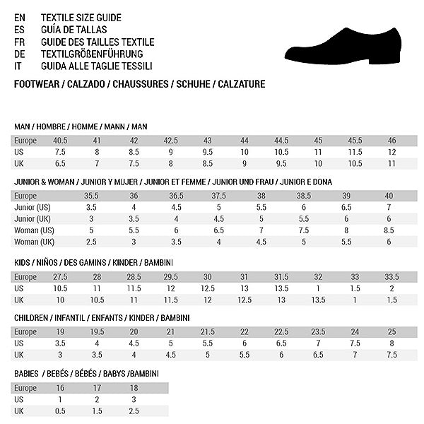 Textile size guide with shoe icon and measurement chart
