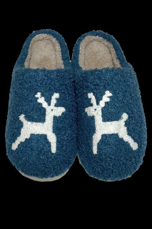 Blue slippers with white reindeer design on a white background