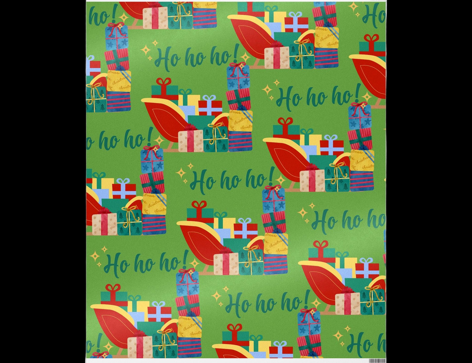 Christmas-themed wrapping paper with presents and reindeer on a green background