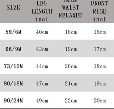 Table displaying clothing size chart with leg length, waist relaxed, and front rise measurements.