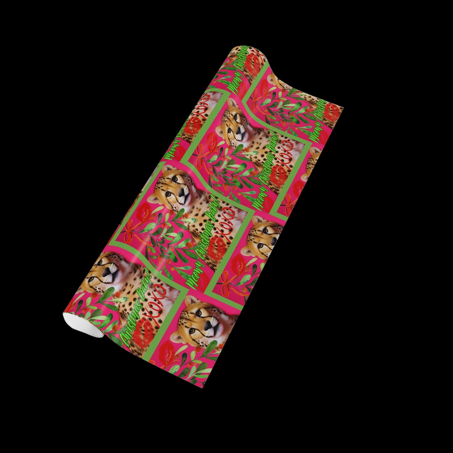 Roll of fabric with cheetah pattern on a white background