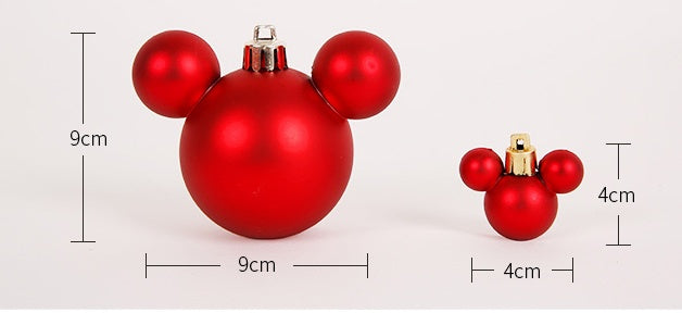 Red Christmas ball with Mickey Mouse ears and measurements on a white background