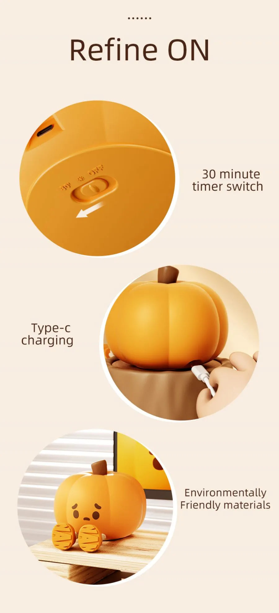Product features including a timer switch, type-c charging, and environmentally friendly materials on a beige background.