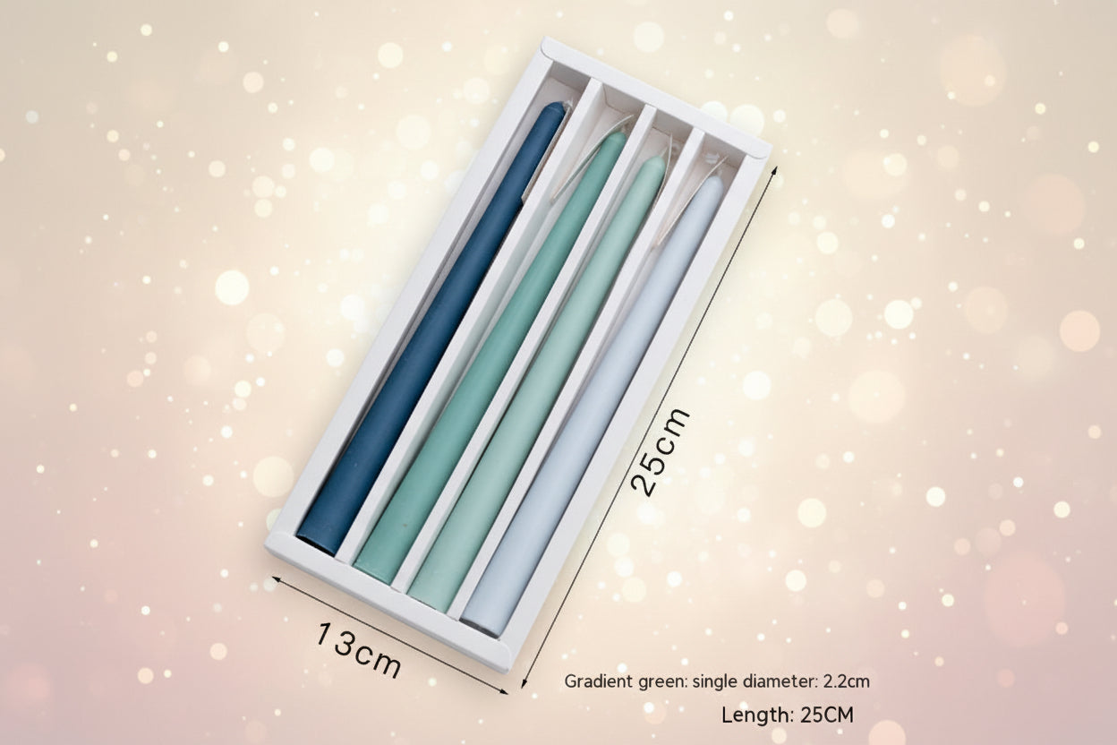 Set of gradient green candles in a white box with measurements on a light gray background