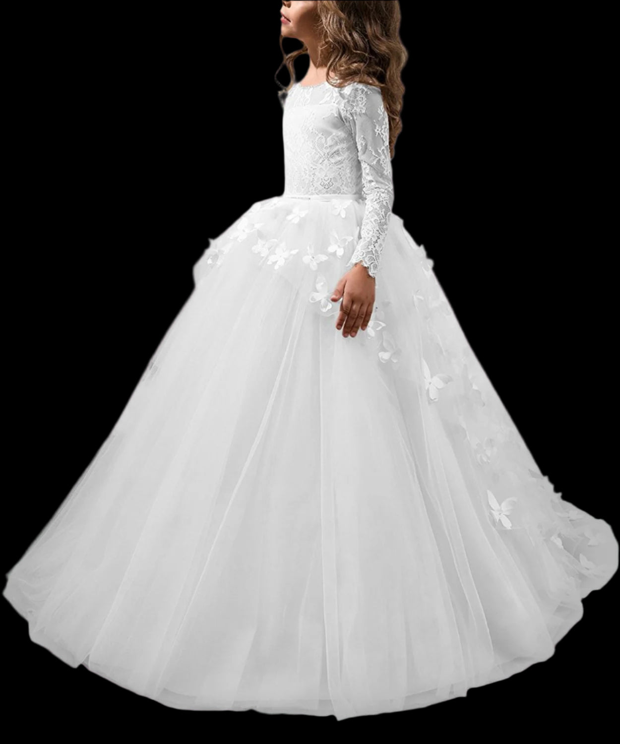 White wedding dress with long sleeves on a white background