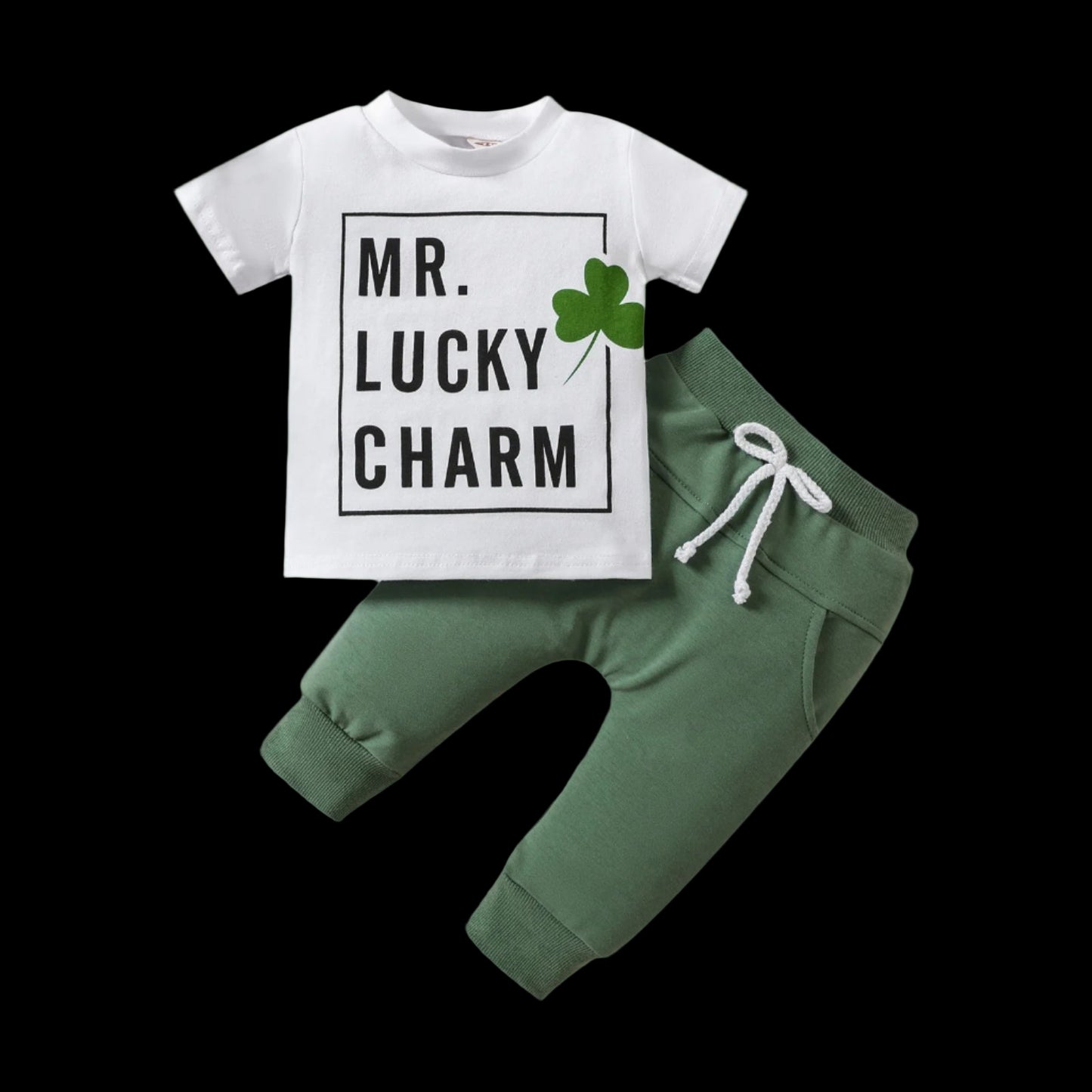 Children's outfit with white shirt and green pants on a white background