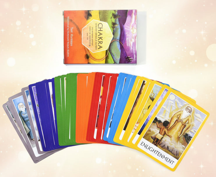 Set of colorful tarot cards with a deck in the background on a white background