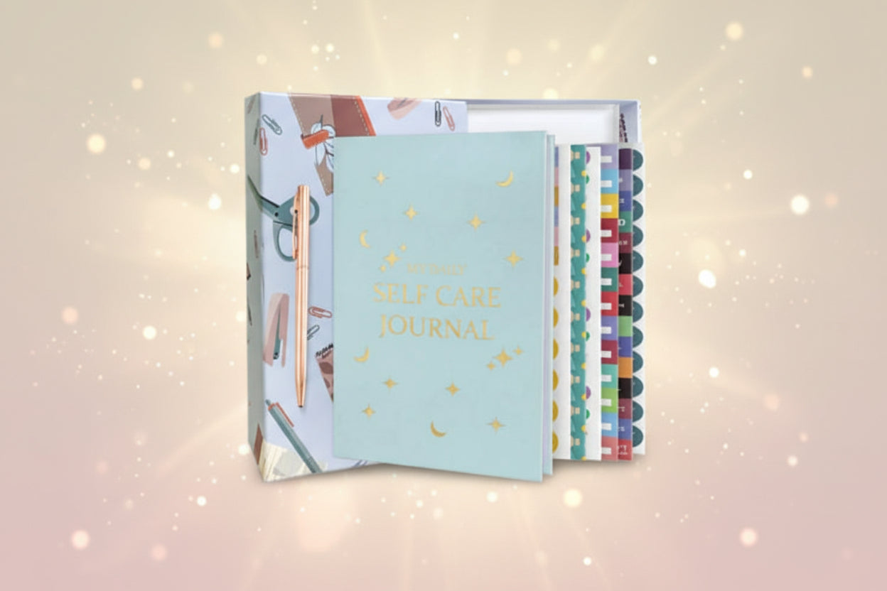 Self-care journal with colorful tabs and a pen holder on a white background