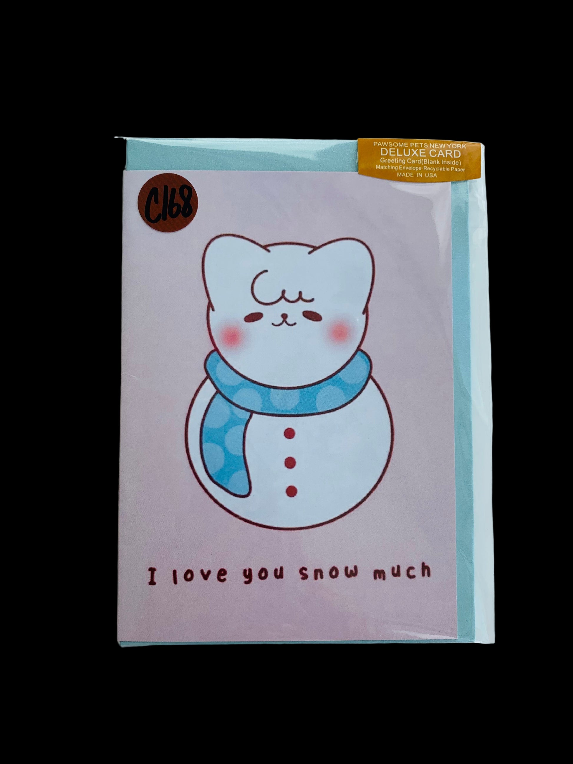 Card with a snowman design and 'I love you snow much' text on a light blue background