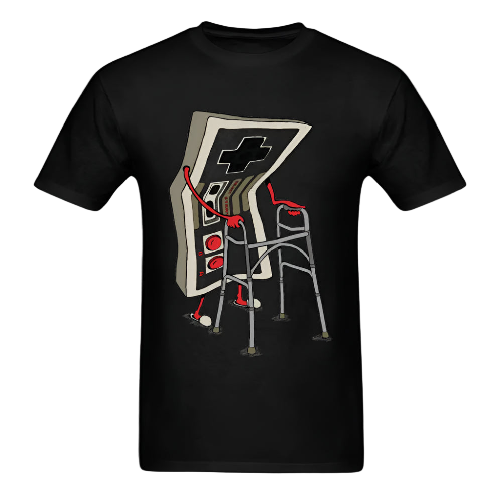 Black t-shirt with a graphic design on a white background