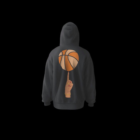 Hoodie with a basketball and hand graphic on the back against a black background