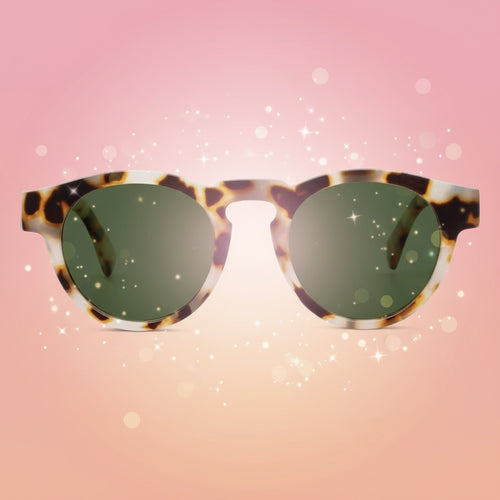 Sunglasses with tortoiseshell frame and green lenses on a white background