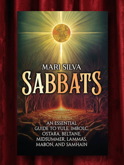 Book cover of 'Sabbats' by Mari Silva with a sun rising over a forest path.
