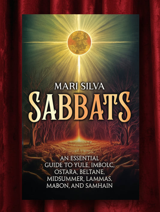 Book cover of 'Sabbats' by Mari Silva with a sun rising over a forest path.
