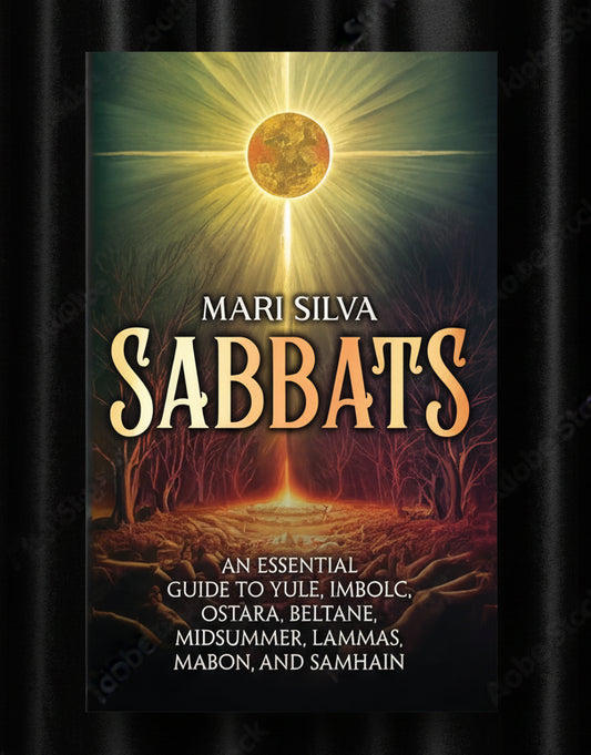 Book cover of 'Sabbats' by Mari Silva with a sun rising over a forest path.