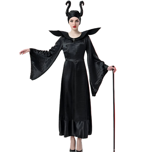 Person wearing a black costume with horns and cape on a white background