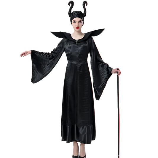Person wearing a black costume with horns and cape on a white background