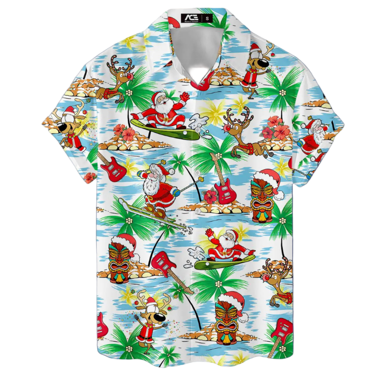 Hawaiian shirt with Christmas-themed design featuring Santa Claus, reindeer, and tropical elements on a white background.