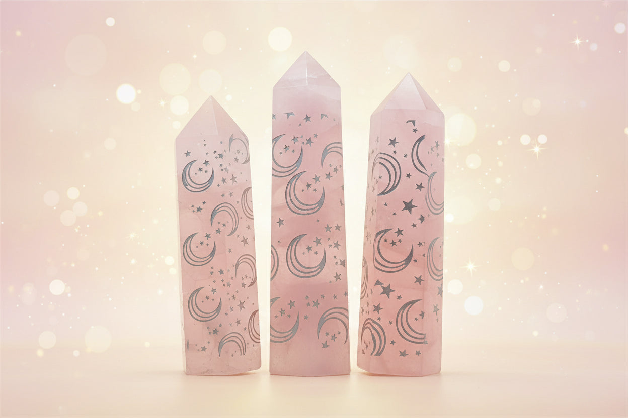 Three pink crystal sticks with engraved moon and star patterns held in a hand.