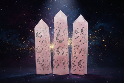 Crystal Pillar with Moon Star Engravings - Rose Quartz, Clear Quartz, Black Obsidian - Lucky Girl Gifts