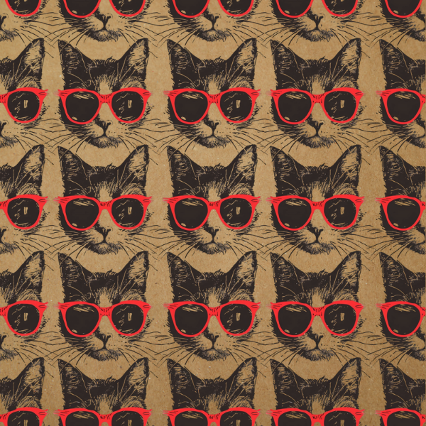 Pattern of cats wearing red sunglasses on a brown background