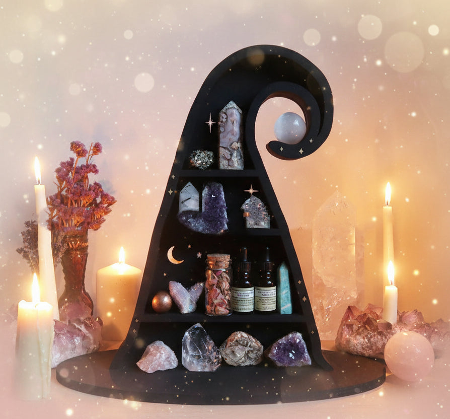 Decorative shelf with crystals and candles in a mystical setting