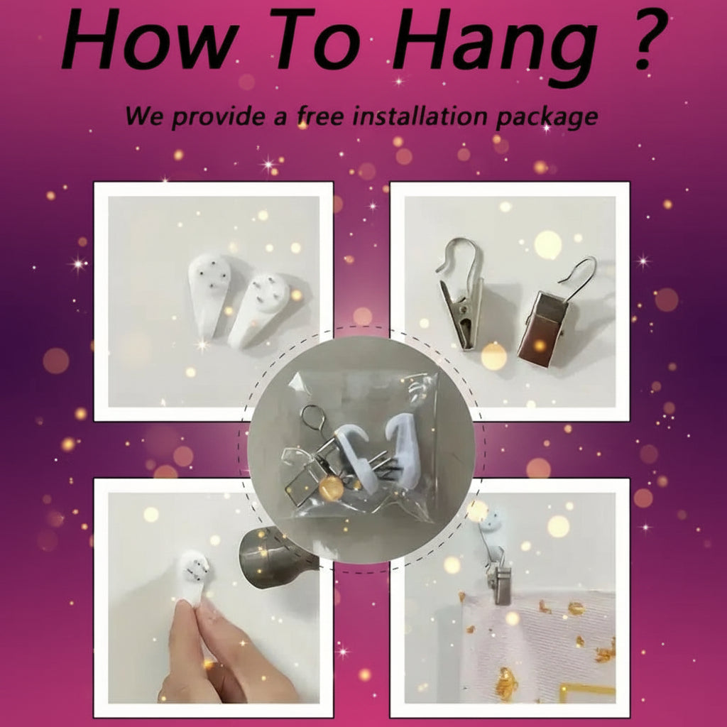 Instructions on how to hang items with provided installation package on a white background