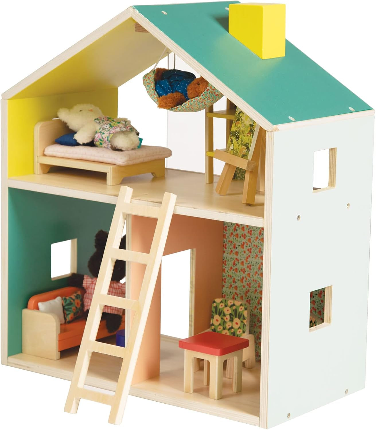 Wooden dollhouse with colorful furniture and accessories on a white background