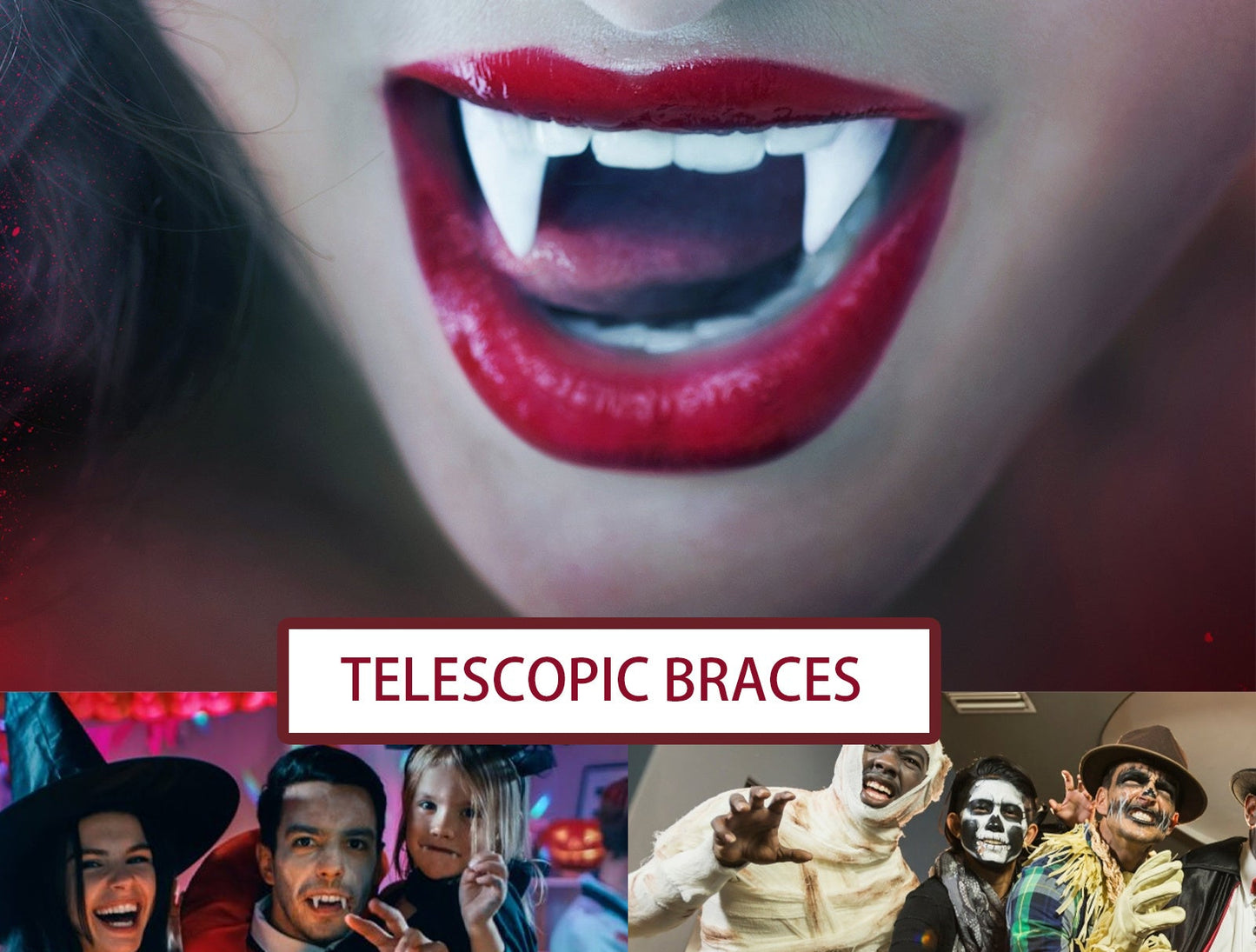 Telescopic braces advertisement with Halloween-themed collage of people in costumes.