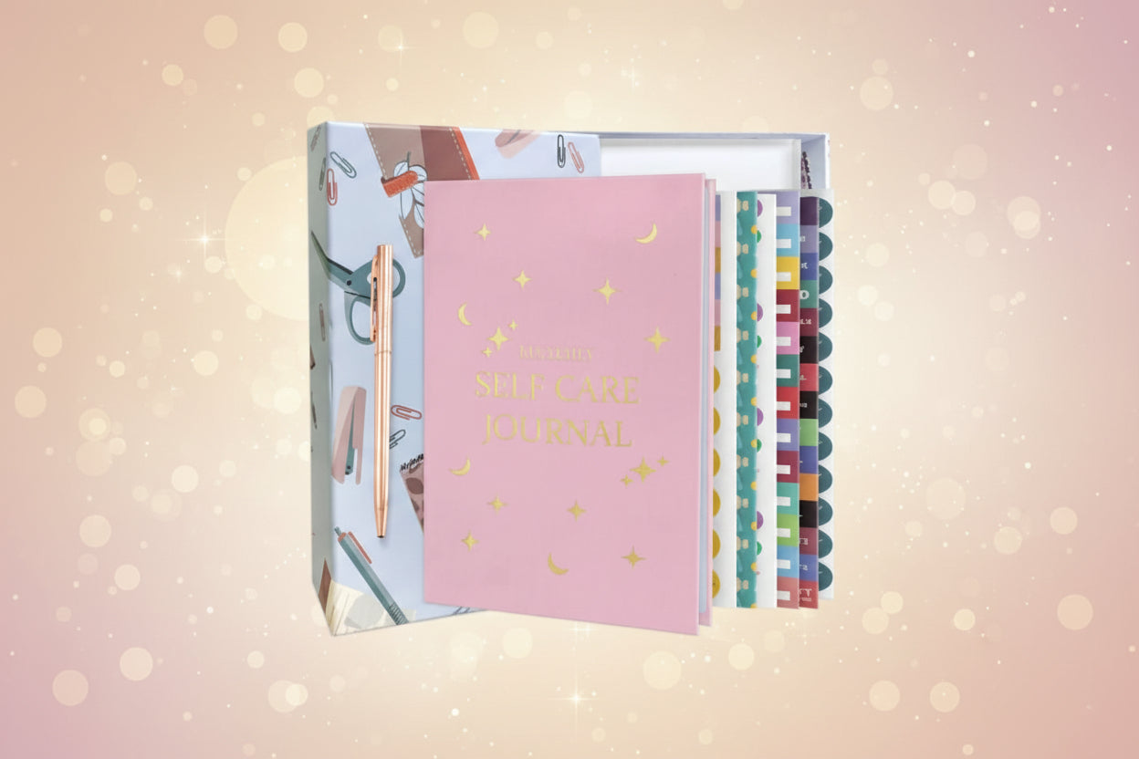 Pink self-care journal with colorful tabs on a white background