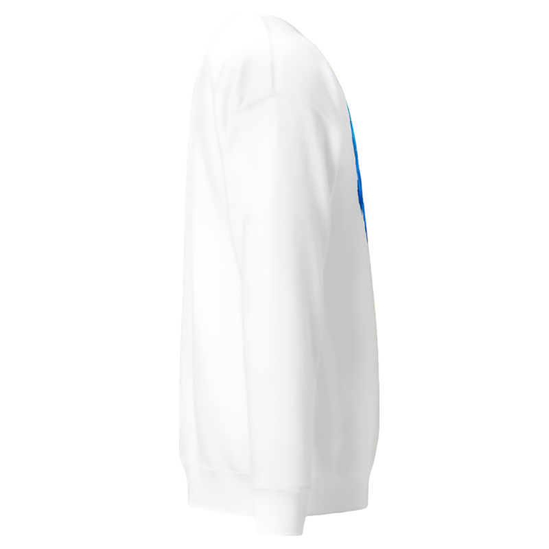 White long-sleeve shirt with blue accents on a white background