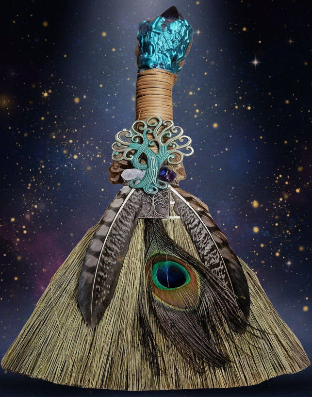 Witch's Altar Broom with Peacock Feather & Amethyst Crystal for Energetic Cleansing - Lucky Girl Gifts