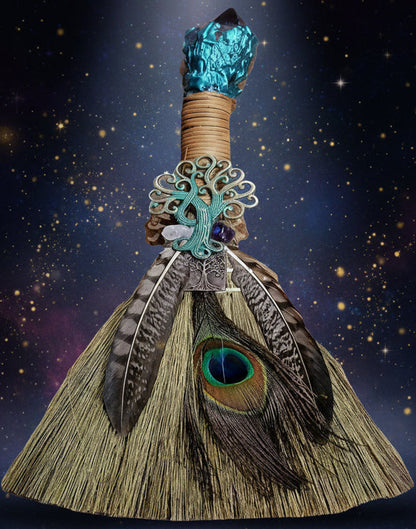 Witch's Altar Broom with Peacock Feather & Amethyst Crystal for Energetic Cleansing - Lucky Girl Gifts