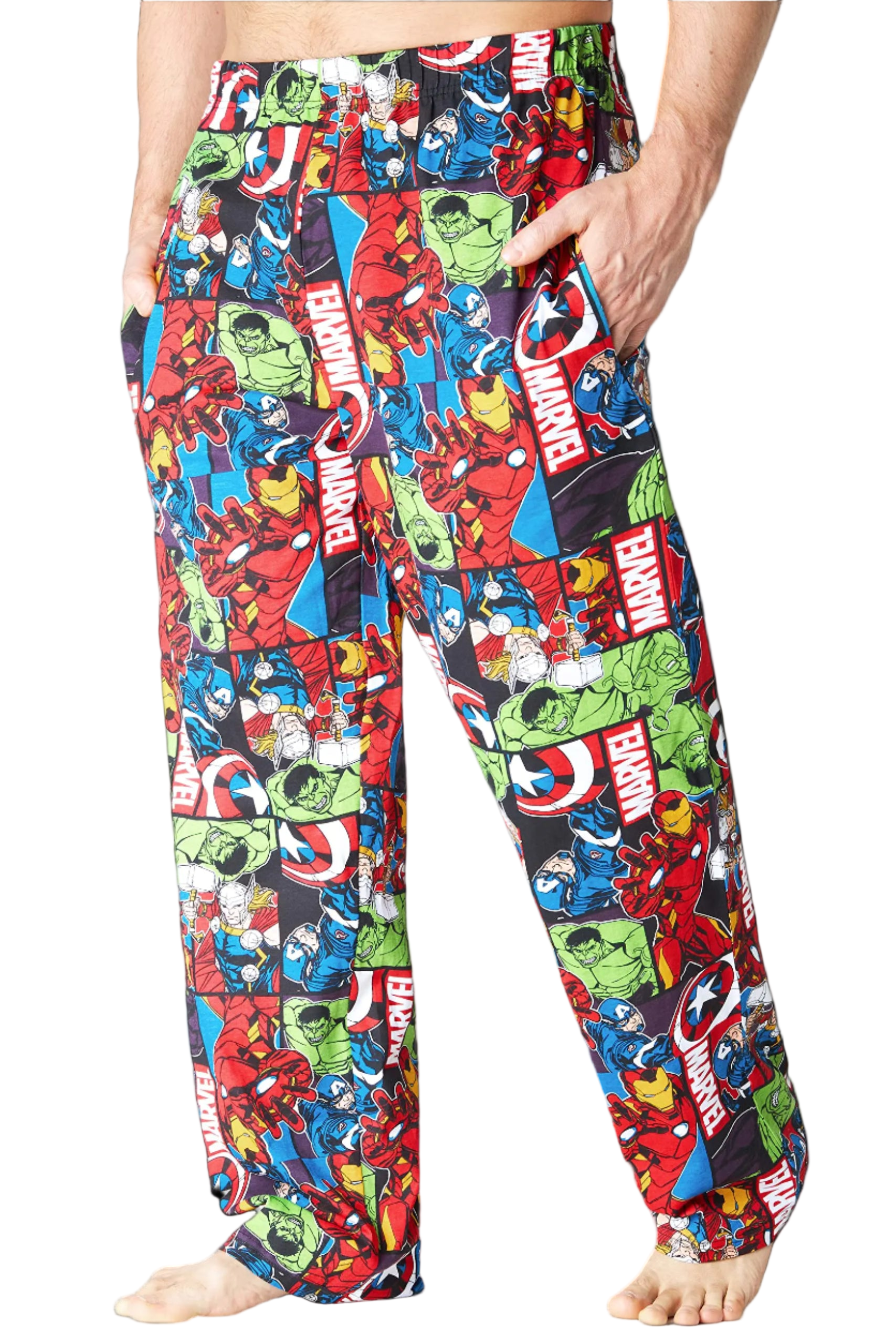 Marvel superhero-themed pajama pants on a white background