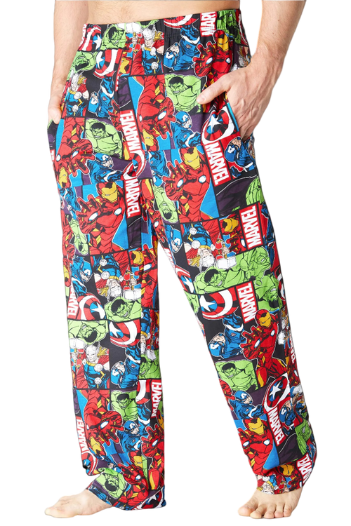 Marvel superhero-themed pajama pants on a white background
