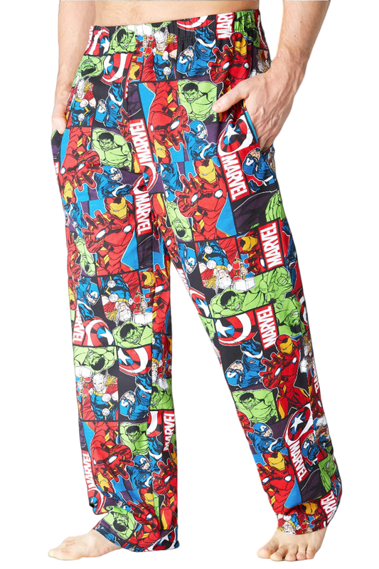 Marvel superhero-themed pajama pants on a white background