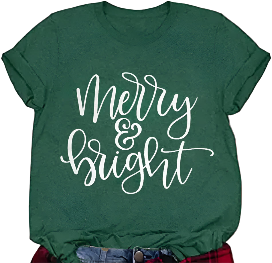 Green t-shirt with 'Merry & Bright' text, worn with plaid shirt and jeans.