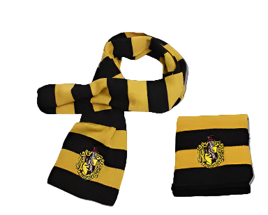 Black and yellow striped scarf with a crest on a white background