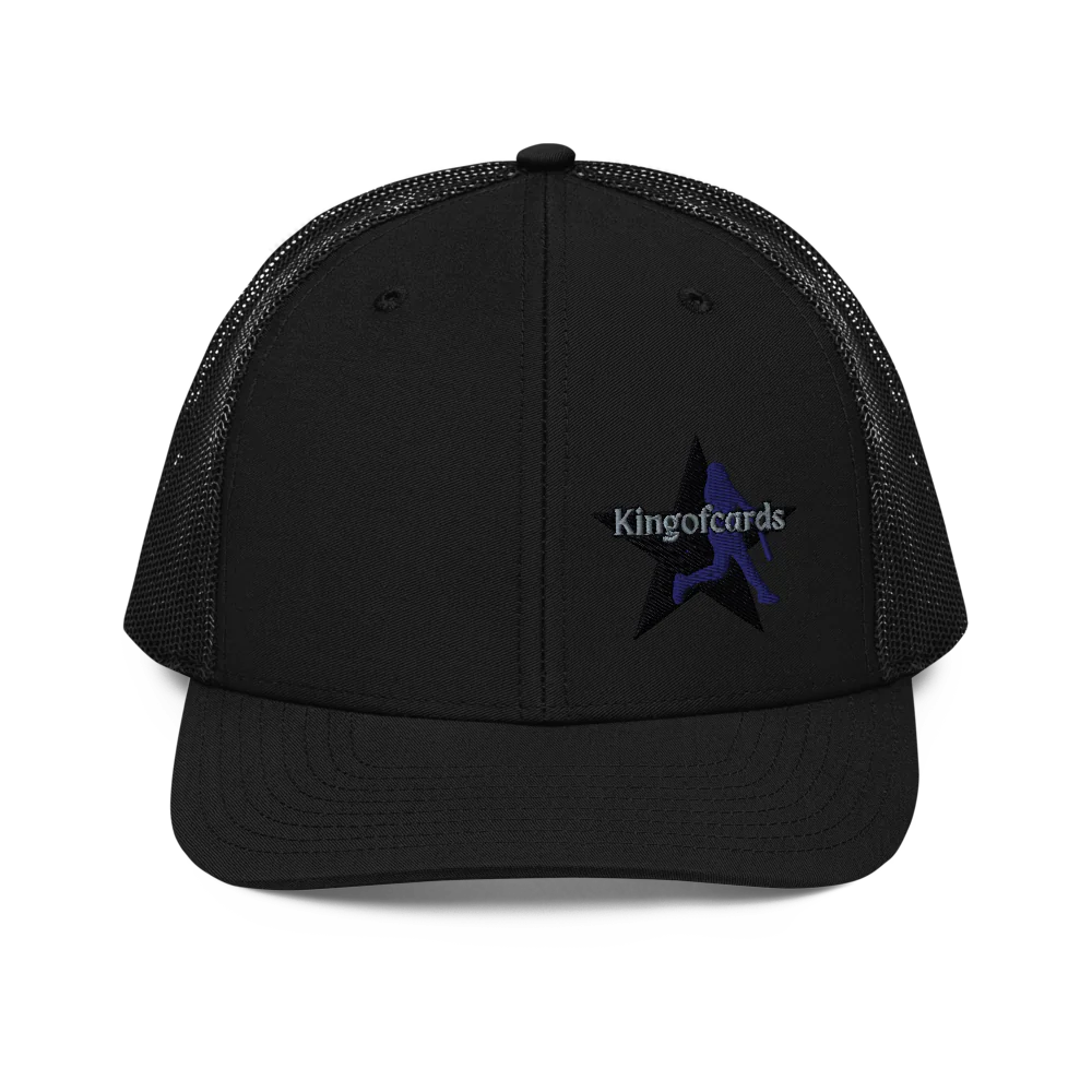 Black cap with a blue star logo on a white background