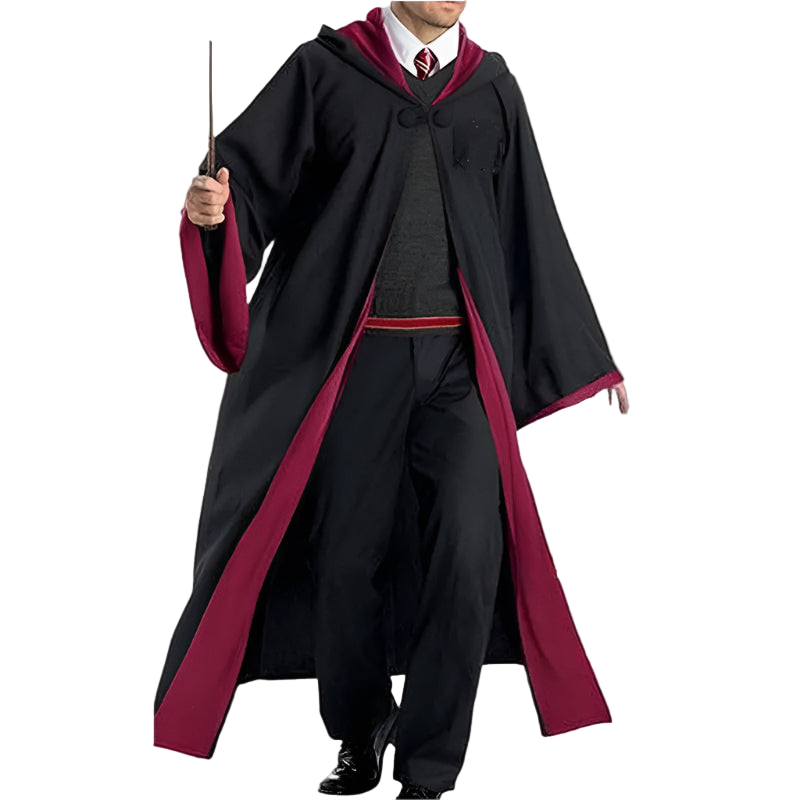 Person wearing a black robe with red trim, holding a wand on a white background
