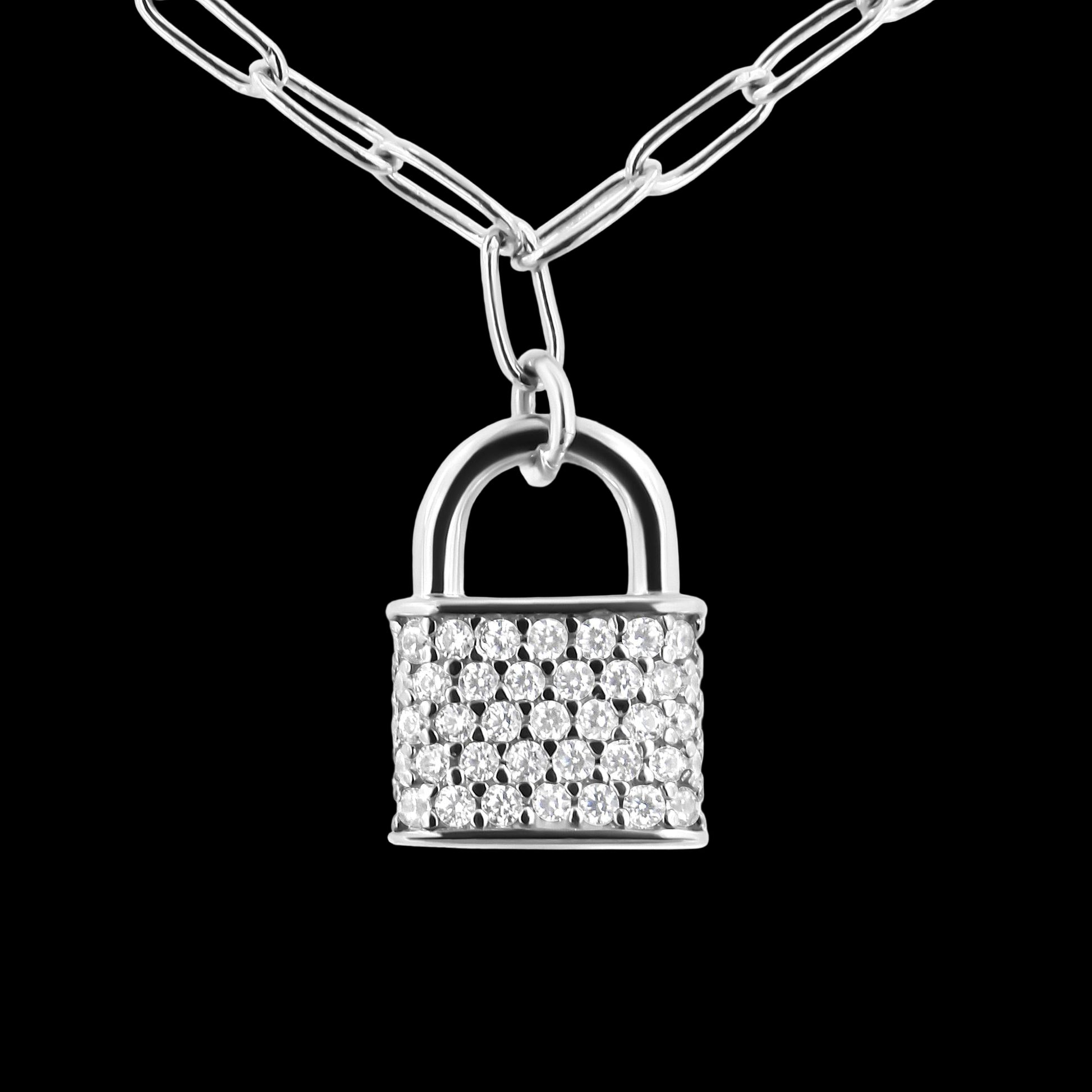 Silver necklace with a padlock-shaped pendant featuring small diamonds on a white background