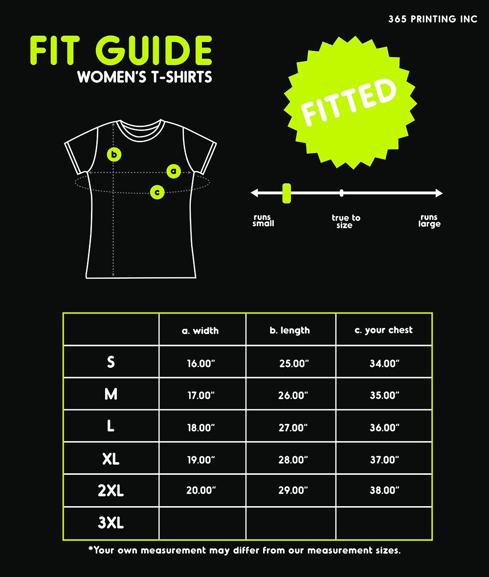 Fit guide for women's t-shirts with size chart on a black background